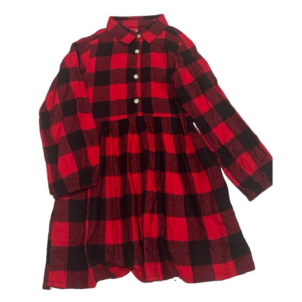 Wonder Nation Girls Red Black Buffalo Plaid Long Sleeve Shirt Dress XS 4-5